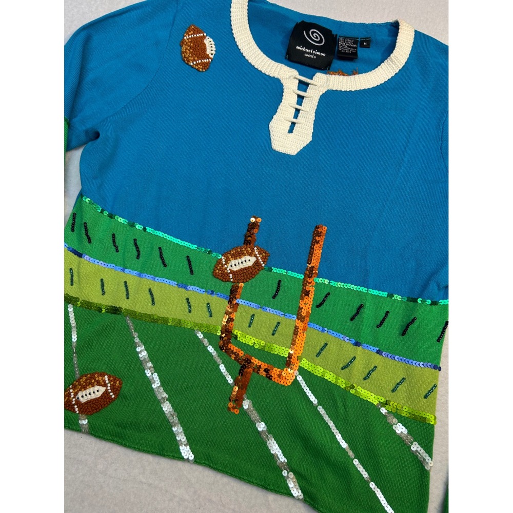 Michael Simon Event Football Sweater Beaded Sequin Referee Blue Green Medium
